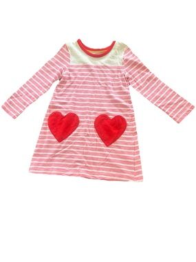 Mini Boden Pink Stripe Dress with Red Heart Pockets